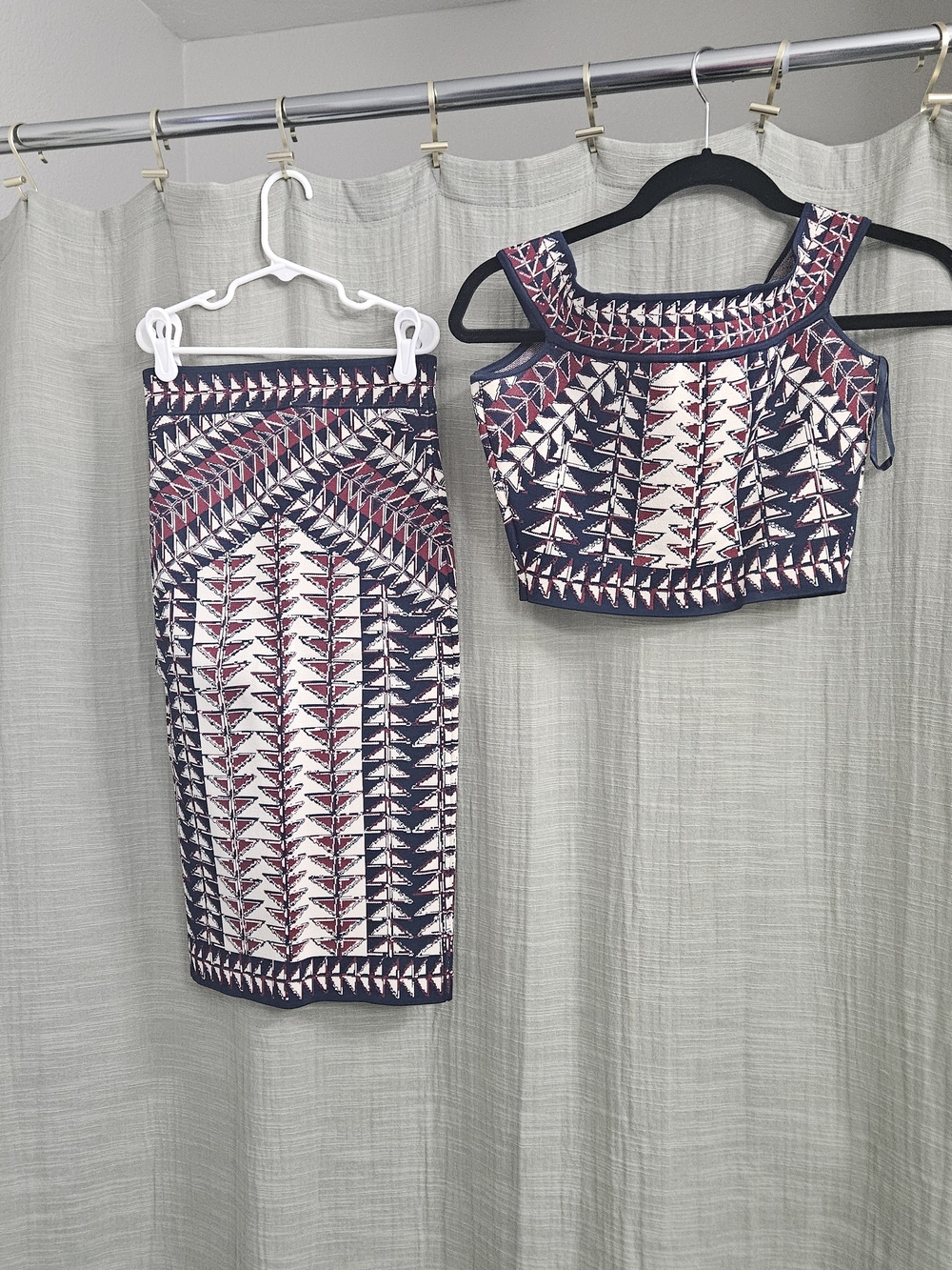 BCBGMaxAzria Navy, Cream & Burgundy Geometric Pencil Skirt